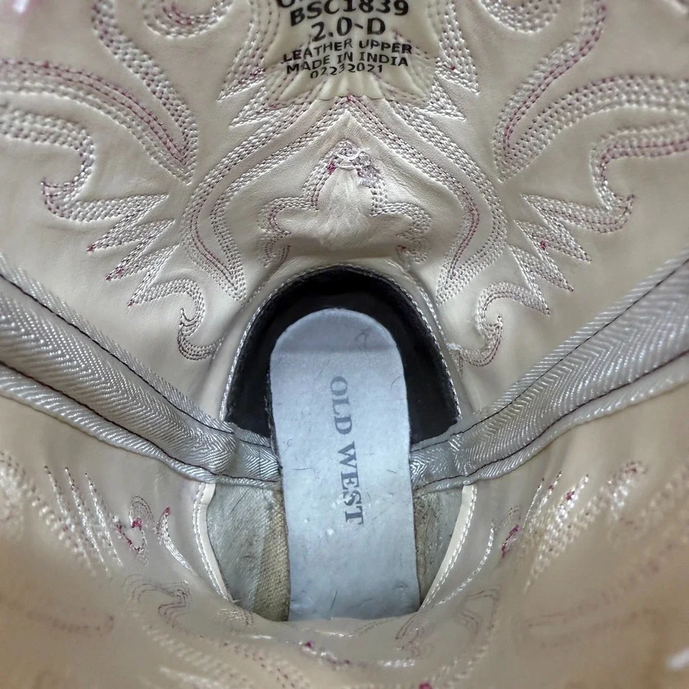 OLD WEST Cowgirl Western Boots Girls 2 Brown Pink Leather Square Toe Rodeo Ranch